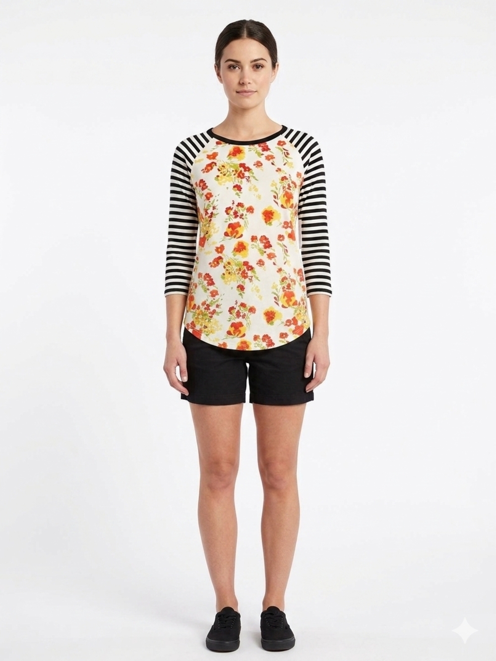 Floral & Stripe Raglan Top - Cream with Black Stripes Up To Size 3XXL